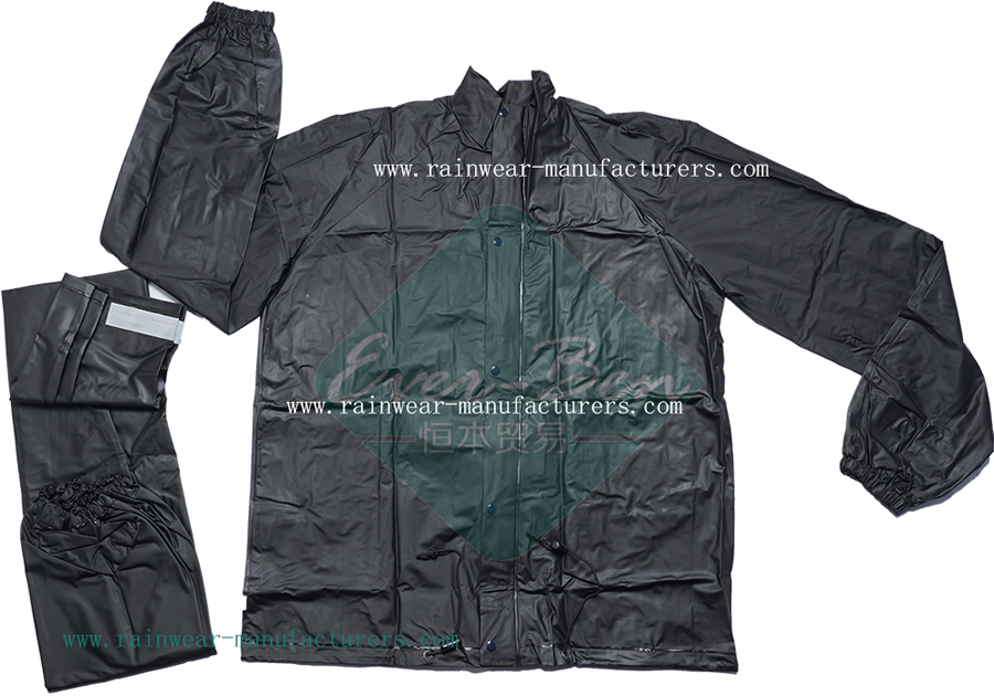 Packable Waterproof Cycling Jacket-Black PVC Rain Jacket-Black PVC Rain Pant-Black PVC Rainwear with Reflective Tape